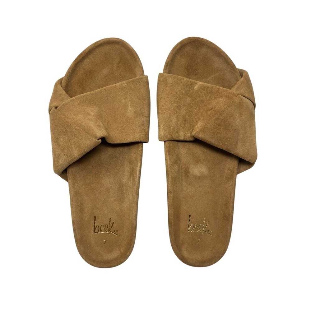 Beek Sandals Womens Size 7 Brown Suede Criss Cross Slide Comfort Casual Boho
